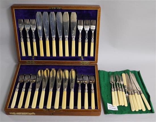 Six pairs of silver and ivory dessert eaters (one knife missing) and a cased plated set of fish eaters.